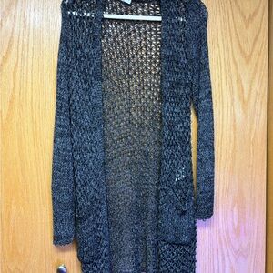 Open-Knit Long Cardigan Sweater - Charcoal Gray
